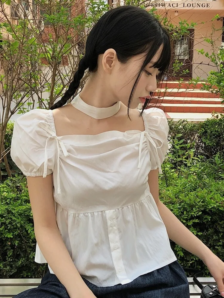 

Korean Chic Square Collar Bubble Sve ort irt Women's Summer Sweet ature Slimming Top Pure Color Other Material 00%