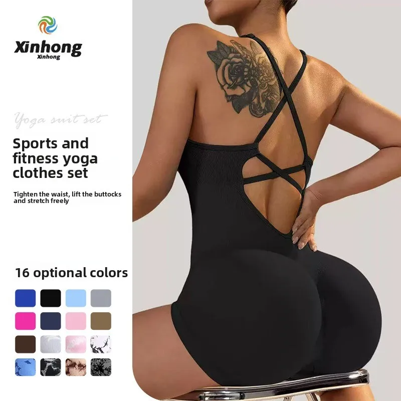 

Yoga Sxy Criss Cross Backless Cami Sports Romper,Women's Jumpsuits Ribbed One Piece Workout Sleeveless Rompers Tank Top Shorts