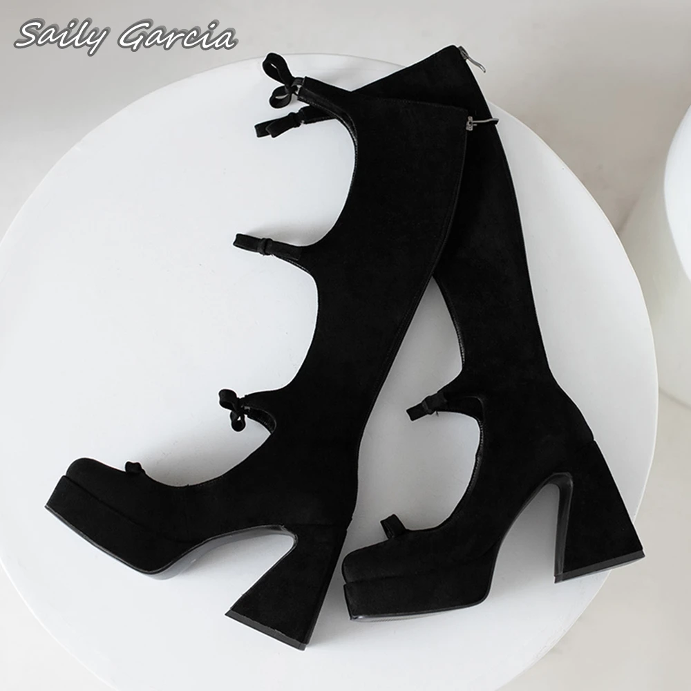 Suede Butterfly Knot Hollow Chunky Heel Knee High Pumps 2024 New All-Match Sexy Women Shoes Square Toe Platform Casual Boots