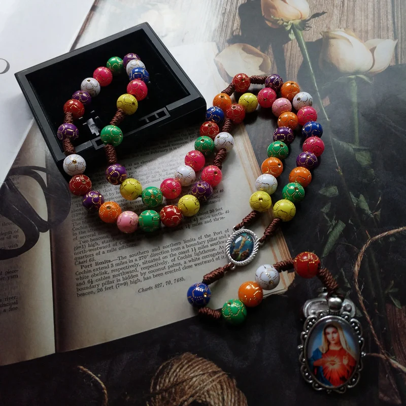 Catholic Rosary Chaplet Braided Retro Colorful Prayer Bead Chain Our Lady Virgin Mary Y-Necklace Jesus Christ Medal Jewelry Gift