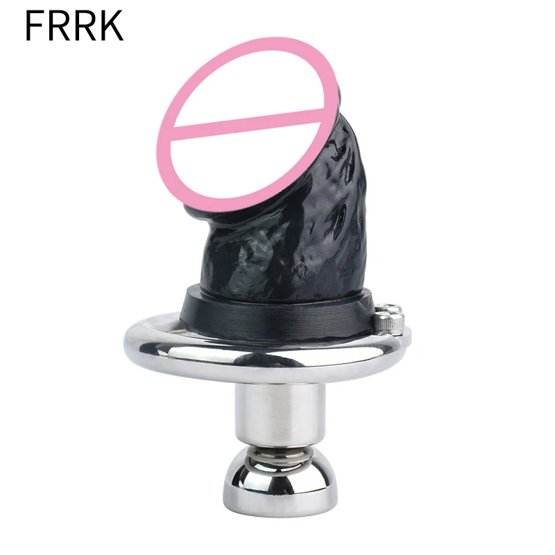 FRRK Metal Chastity Belt with Black Penis Dildo Head New Stainless Steel Negative Cock Cage BDSM Adult Sex Products for Male