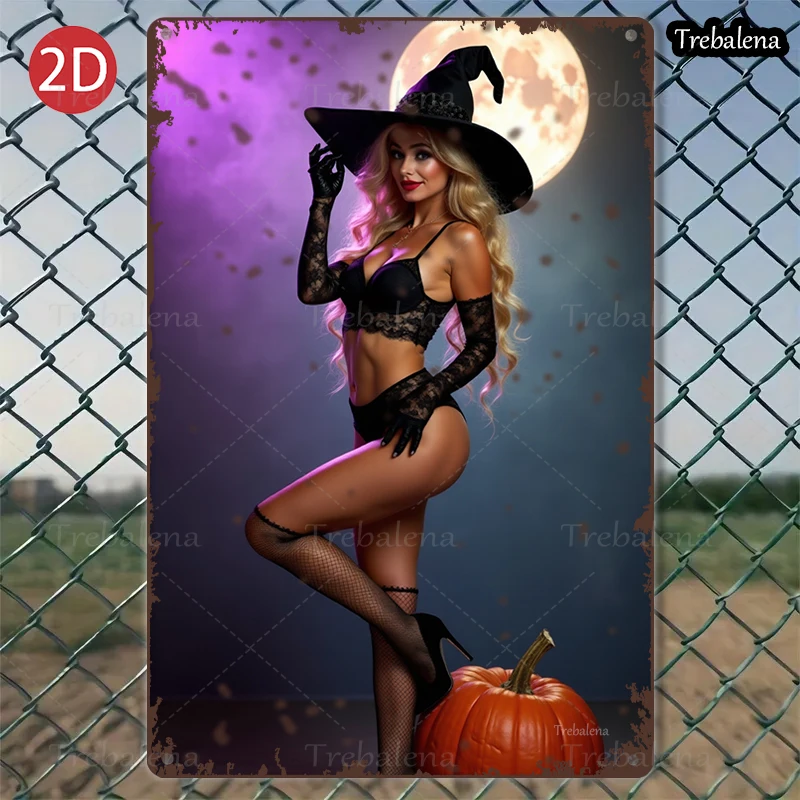 

1PC 2D Flat 8*12inch Metal Sign Halloween Witch Style Moon Scene Decor Art
