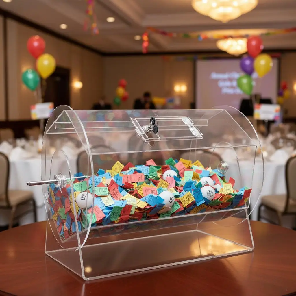 

Acrylic Lottery Drum 16.14x11.81x12.99 Inches For Charity Fundraising Party Gala Company Event, Clear Spinning Cage 2 Keys La
