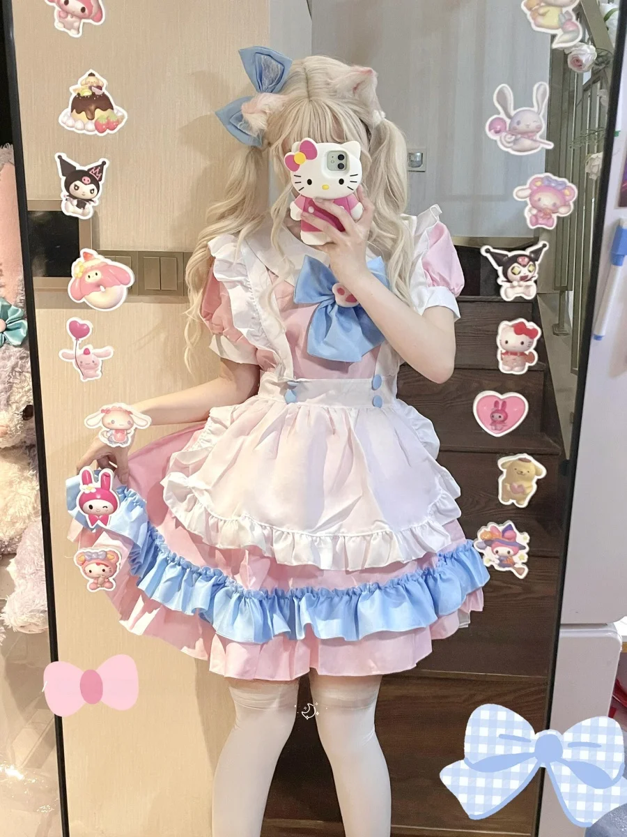 

Japanese Style Lolita Maid Uniform Pink Blue Short Skirt Costume for Girls Cartoon Servant Outfit Halloween Student Uniform