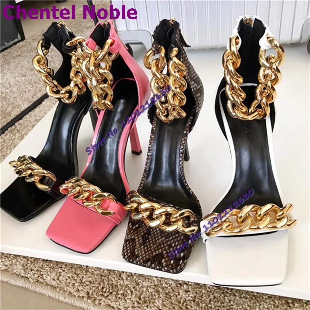 Metal Chain Luxury Sandals Square Toe Cover Heel Open Toe Zipper Stilettos New Arrival Fashion Women Shoes Party Dress Designer