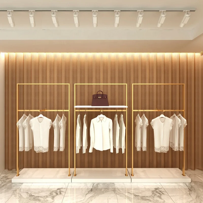 custom，Unique Design Gold Clothes Hanging Rail Display Rack Stand Showroom Furniture for Clothing Garment Shop