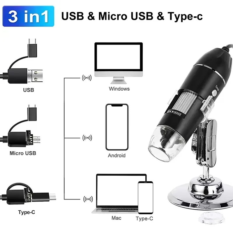 3-In-1 Microscope 1600x Digital Electron Microscope Type-c Android USB Computer Microscope Camera