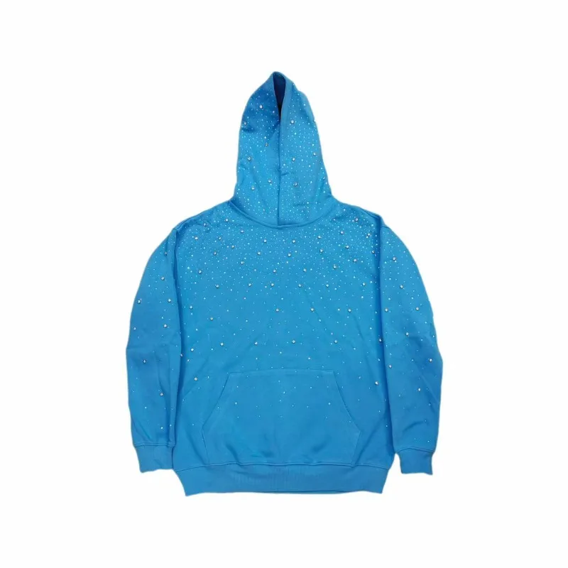 سويت شيرت بقلنسوة من حجر الراين للصناعة الثقيلة من American High Street Fashion Trend، بلوفر فضفاض كاجوال وسيم للرجال