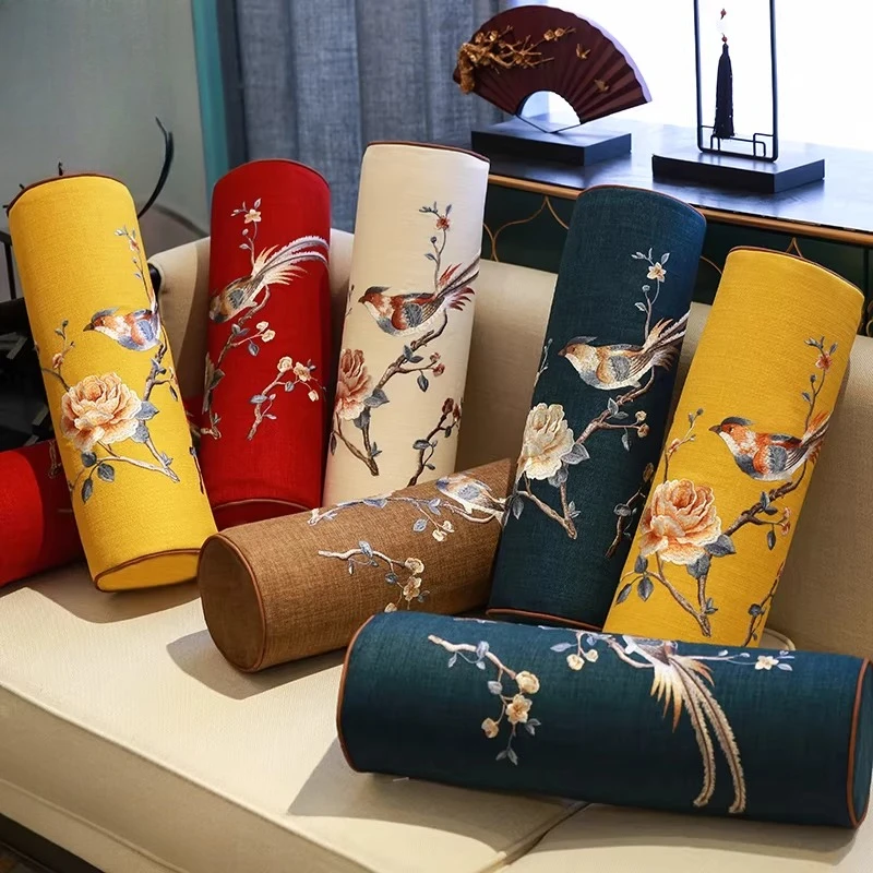 1PC Chinese Embroidered Cylindrical Long Pillow Mahogany Sofa Armrest Waist Cushion Washable Removable