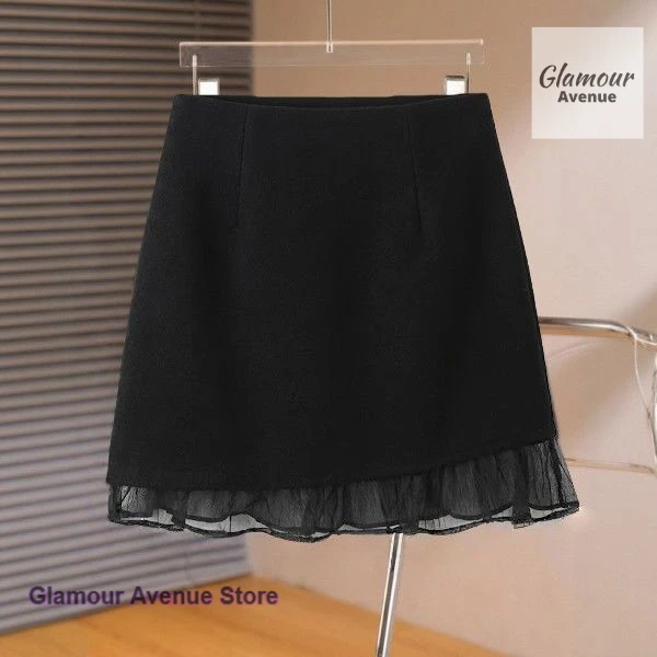 Korean grey chiffon stitching woolen skirt women's spring and autumn new high waist fashion temperament leisure bag hip skirt.