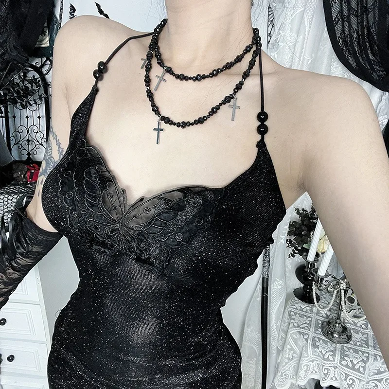 Vestido con purpurina calado de mariposa de estilo oscuro para mujer, nueva subcultura de otoño, vestidos largos sexis con abertura de cintura alta, ropa Alt de moda