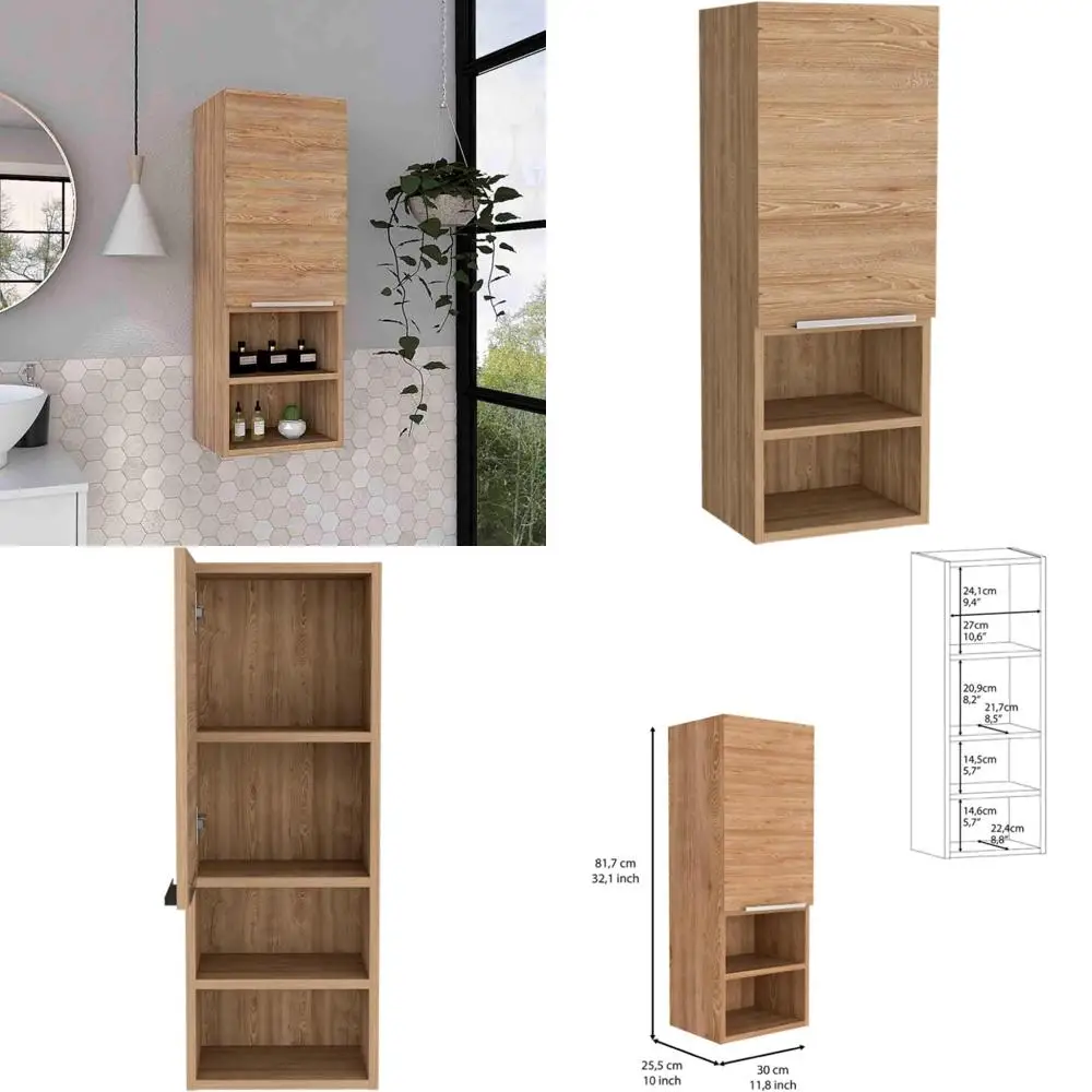 خزانة طبية من خشب البلوط الخفيف مثبتة على الحائط مع باب واحد، وأرفف داخلية، وتخزين مفتوح، وتنظيم الحمام وغرفة النوم #1