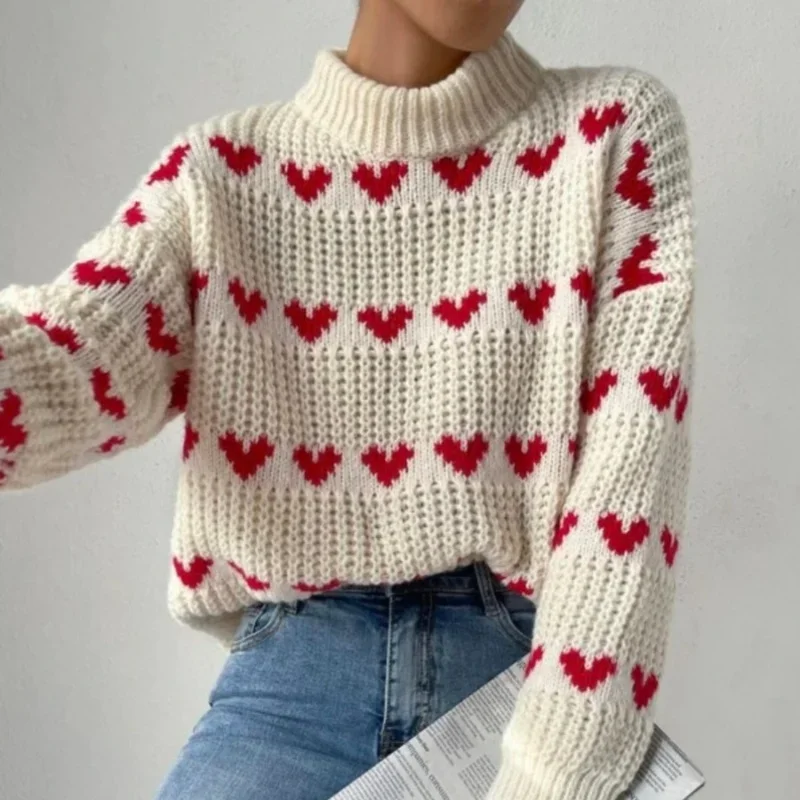 New Autumn Winter Fashion Sweaters Women Comfortable Easy Matching Round Neck Knitted Sweater Loose Heart-shaped Jacquard Top