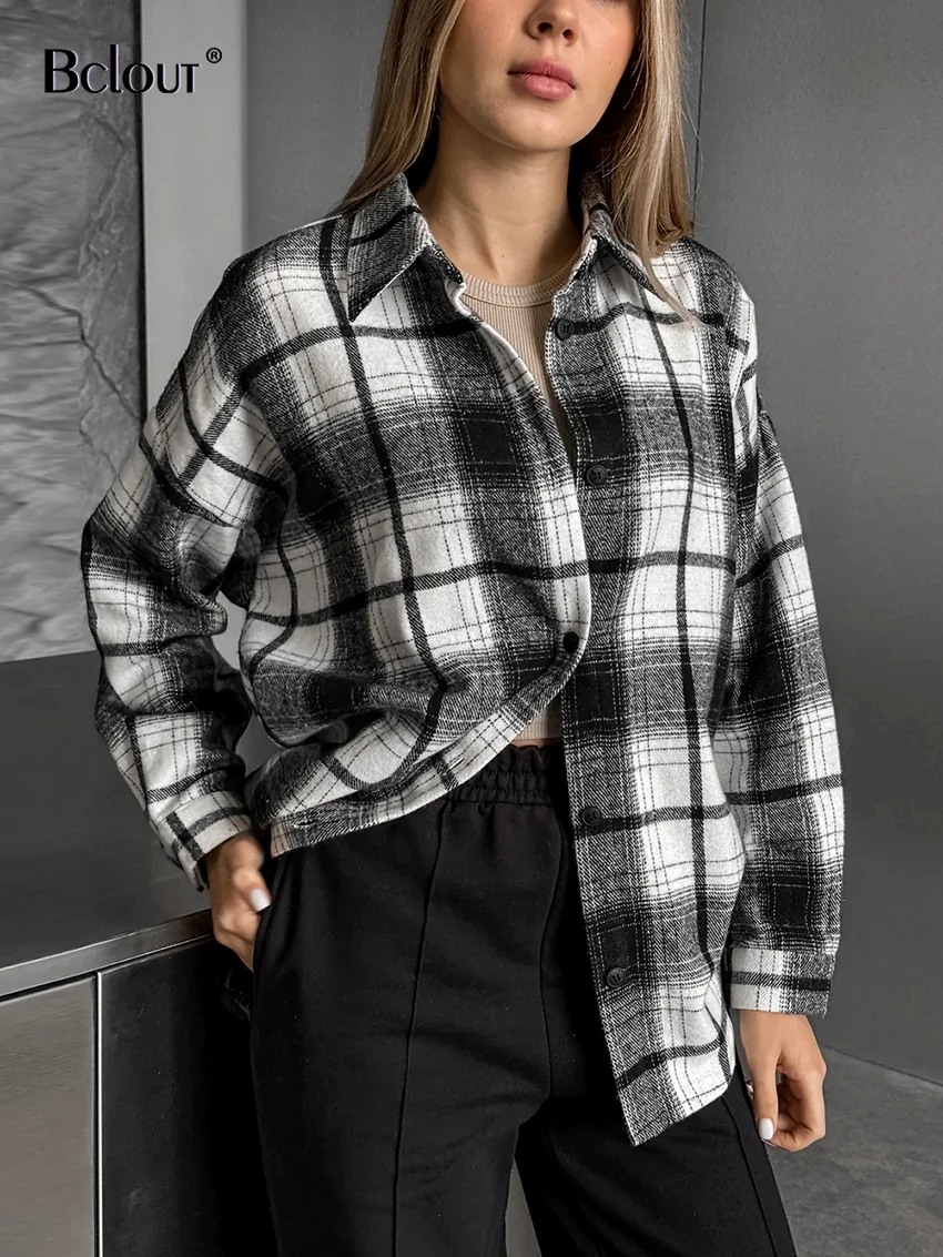 

Bclout Fashion Black Plaid Shirts Blouses For Women Elegant Long Sleeve Loose Shirts Coats 2024 Casual Thin Party Blouses Female