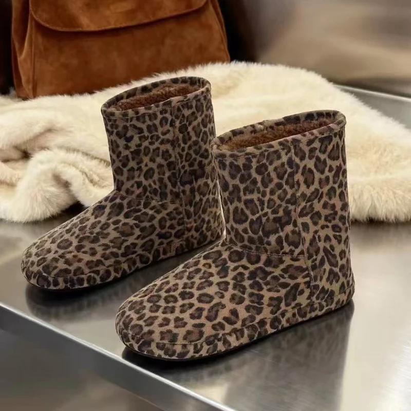 

Brand Leopard Print Snow Boot Winter Anti Slip Thick Soled Warm Shoes Fashion Flat Boots Plush Cotton Shoes Leather Midsole Boot