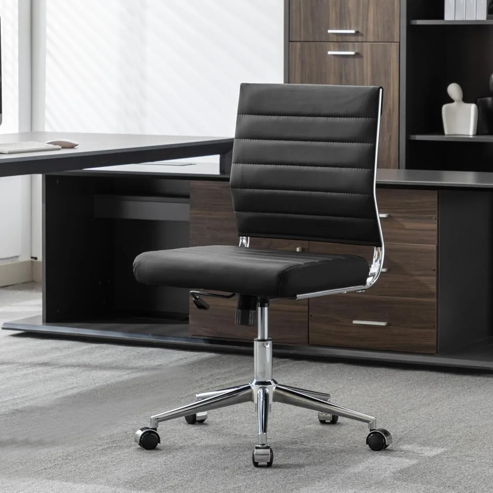 

mless Office Desk Chair, Mid Back Leather Conference Room Chairs Without Armrests, Modern Office Chair Ribbed.