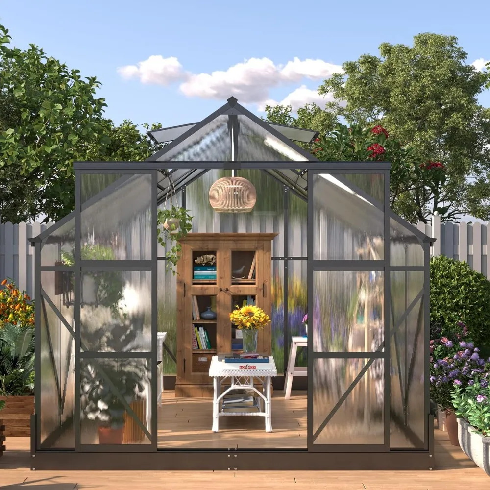 8x10x7.5 FT Polycarbonate Greenhouse 2 Sliding Doors 2 Vent Window Walk-in Premium Greenhouse Storage Shed Outdoor.