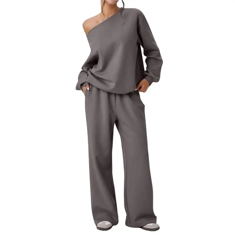 

ABRT-Women's 2 Piece Outfits Fall Sweatsuits Off The Shoulder Crop Top Wide Leg Sweatpants Casual Matching Lounge Sets Gray M