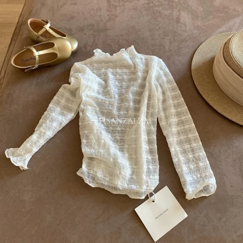 Girls Lace Mock‑Neck Long Sleeve Undershirt Kids Jacquard Sheer Layering Top Spring Fashion Children Inner Wear Blouse