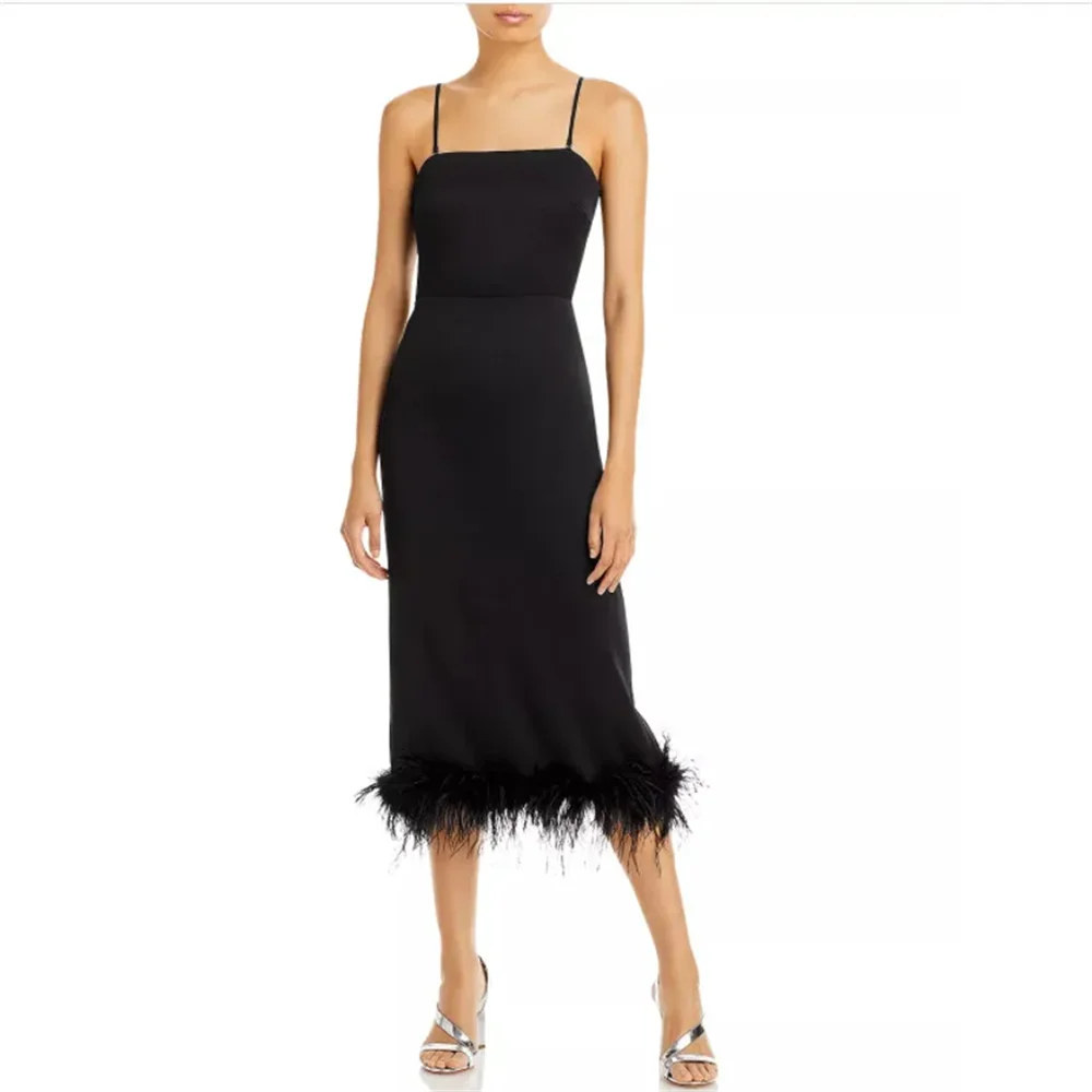 

Elegant Short Evening Dresses With Feathers Sheath Middle Spaghetti Straps Party Dresses for Women