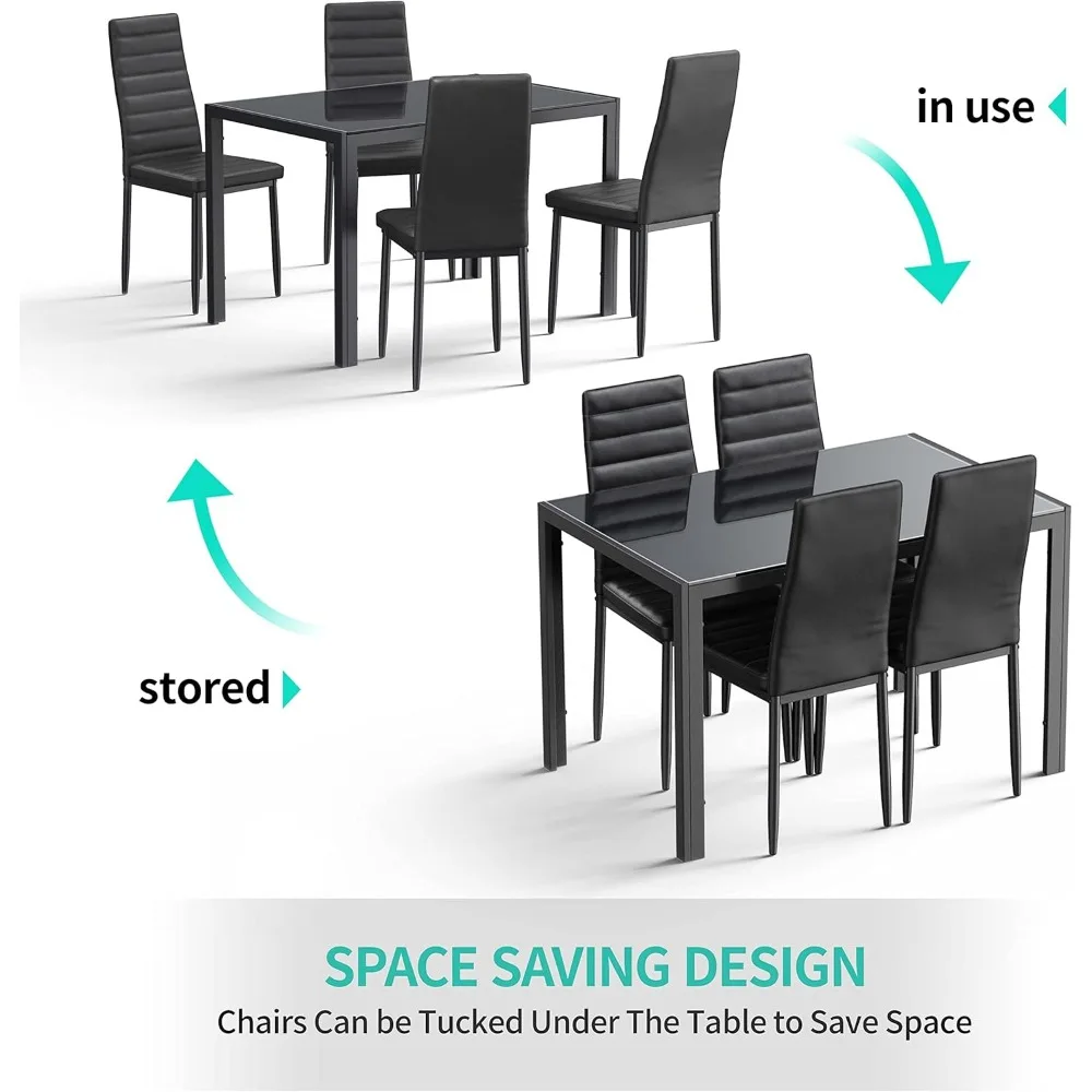 5 Piece Glass Dining Table Set, Kitchen and Chairs for 4, PU Leather Modern Room Sets for Home, Kitchen, Living Room image 6