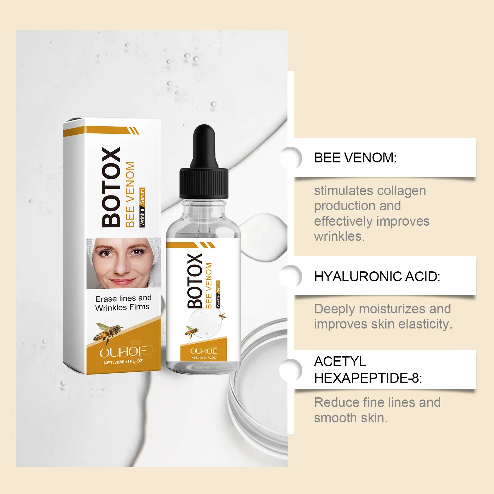 Bee Venom Facial Hydration, Moisturizing and Moisturizing, Anti-Wrinkle Firming Skin, Youthful and Energetic Moisturizing Serum