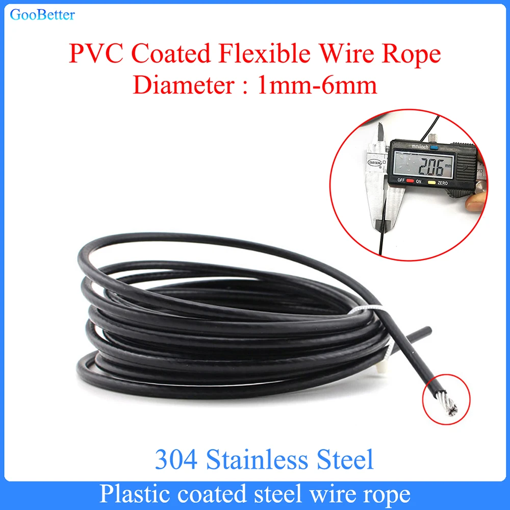 

1/10 Meter Steel Black PVC Coated Flexible Wire Rope Soft Cable Transparent 304 Stainless Steel Clothesline Diameter 1mm-6mm