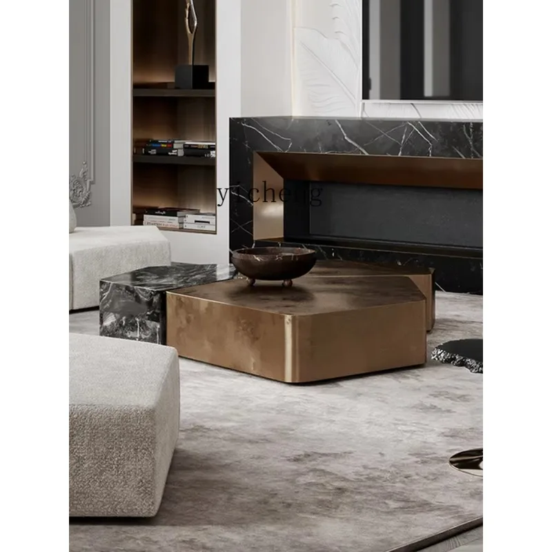 CJ-12 Geometric Light Luxury Coffee Table Living Room Household Stainless Steel Marble Low Table
