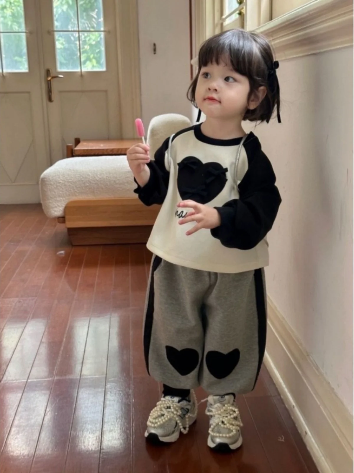 Baby Girl Hoodie Set Long Sve Heart Print Two-Piece Outfit Spring Autumn Korean-sle Children's Wear Comfortable Cotton B...