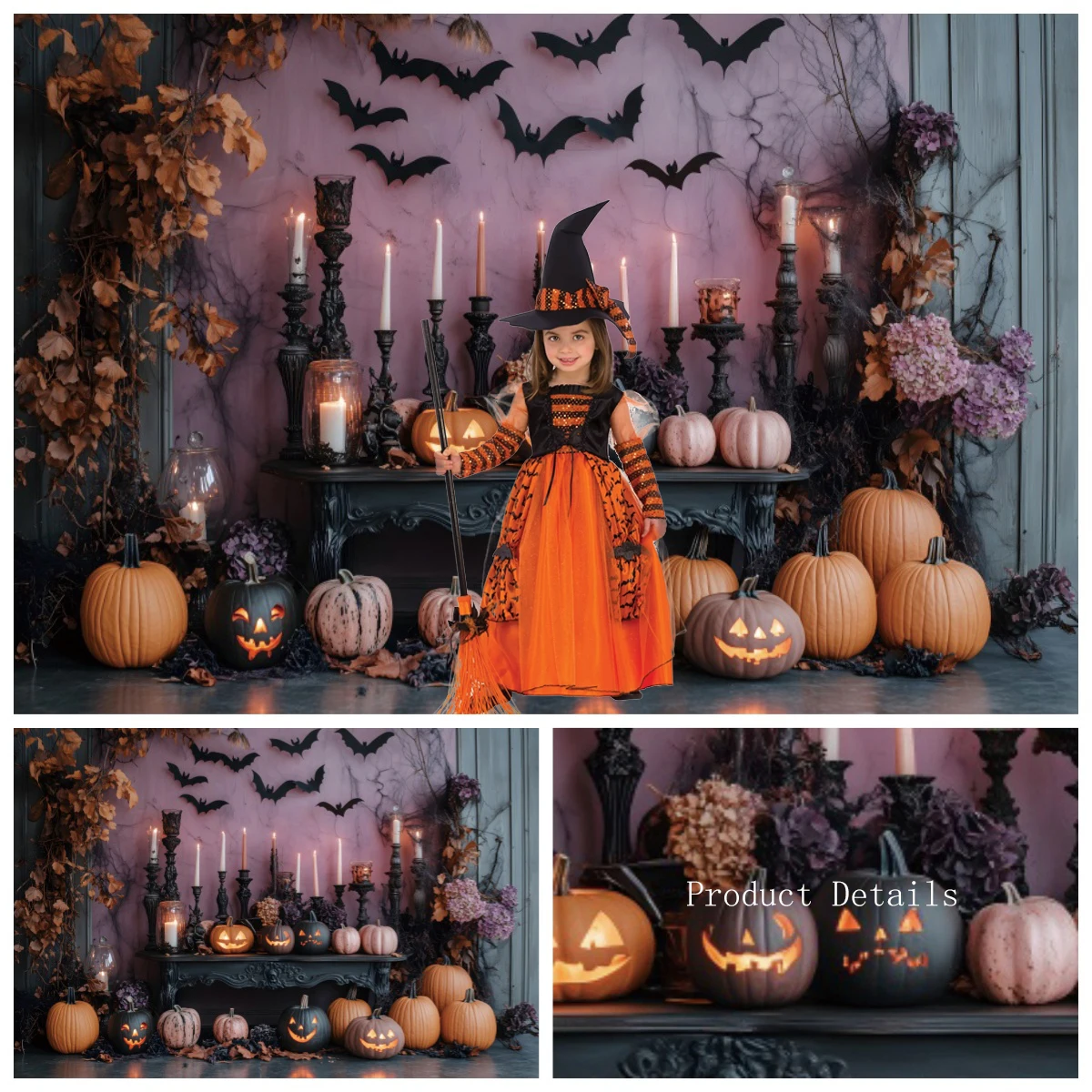 Halloween Decoration Backdrops Photography Wooden Door Pumpkin Floral Autumn Thanksgiving Birthday Party Background Photo Studio