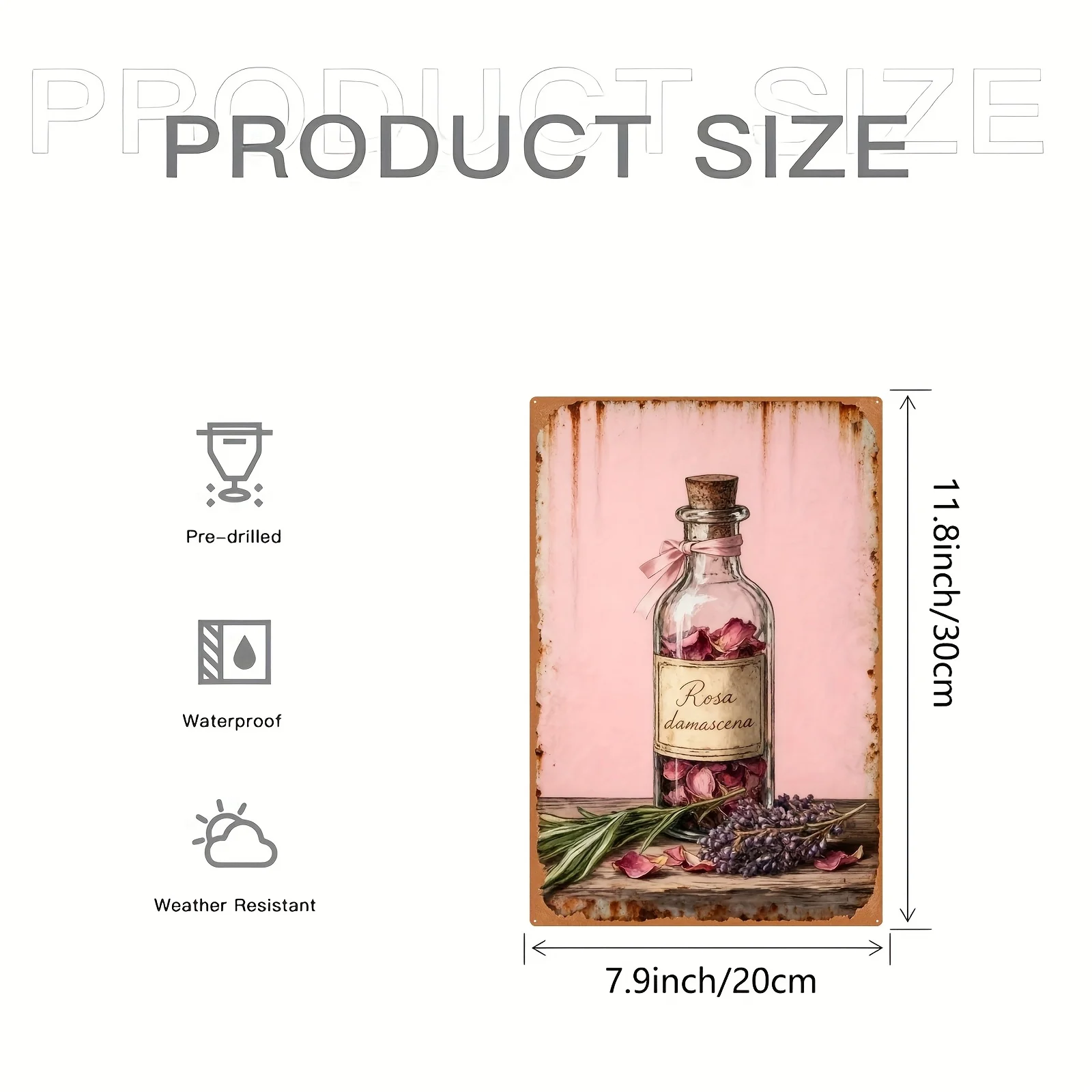 2D Flat, 1pc Vintage Lavender & Rose Metal Wall Art - Vintage Glass Bottle Tin Sign with Hand-Painted-Look Botanical