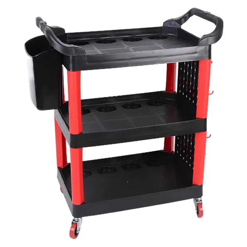 Troli Detailing Mobil 3 Tingkat dengan Roda, Troli Detailing Beroda dengan Plat Gantung Panjang & Pengait & Ember Gantung, Troli Organizer Cuci Mobil