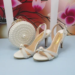 Summer New Arrival White Female Sandals Bridal shoes bag set woman Fashion Thin Heel Big Pearl Girls fashion Sandals party Shoes