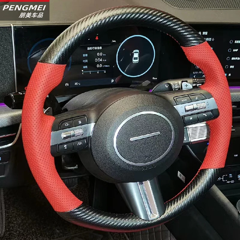 Hand-stitch Steering Wheel Cover for Hyundai Sonata Kona Tucson 2023 2024 2025 Braid Carbon Fiber Leather Accessory