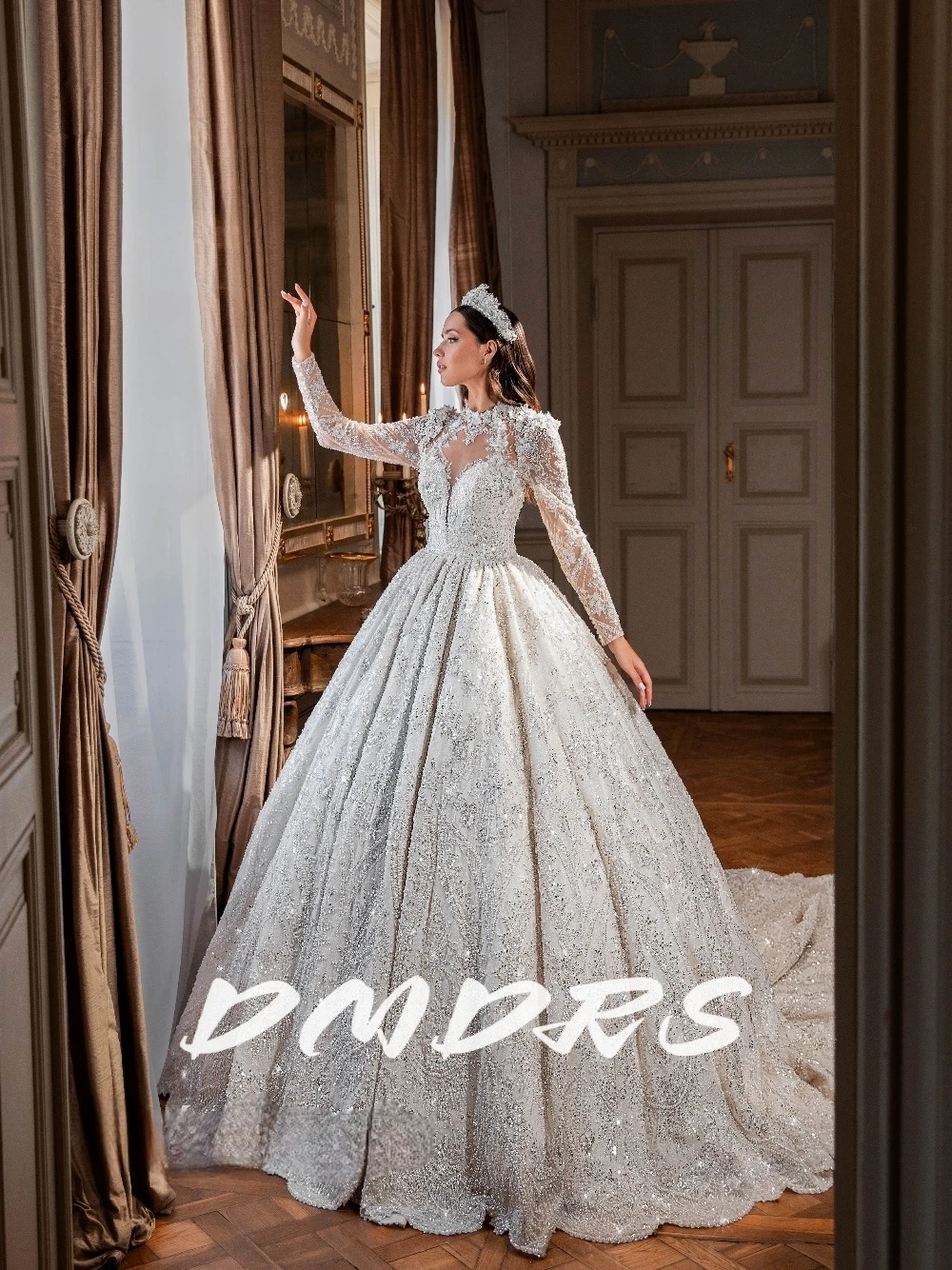 

DMDRS Exquisite Chic Beaded Wedding Dress Dazzling Court Train Flowers Ball Gown Customized Stunning Long Sleeves Bride Wear