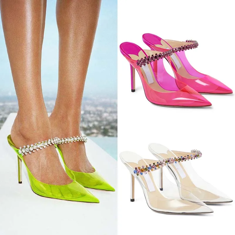 Women Transparent Pvc Sandals with Crystals Female Sexy Pointed Toe Stilettos Pump Sandals Candy Color Summer Shoes