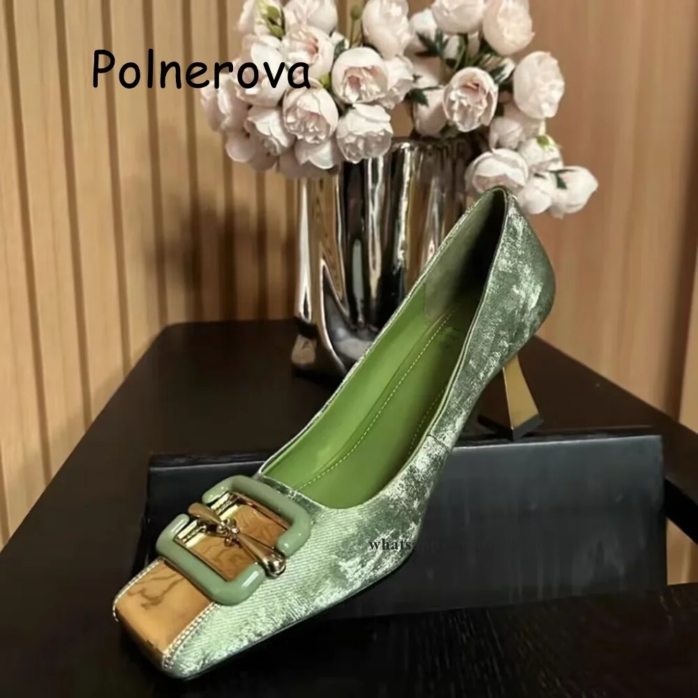 

Satin Square Buckle Pumps Rhinestone Women's Shoes Patchwork Metal Wedges Summer Casual Slip On Ladies Fashion Elegant Shoes