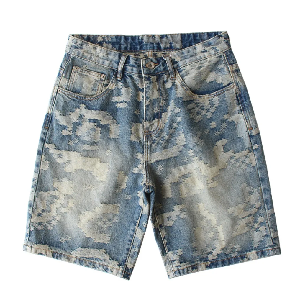 Retro Cotton Shorts Men's American Jacquard Heavy Wash Trend Cityboy Straight Summer Denim Five-point Pants