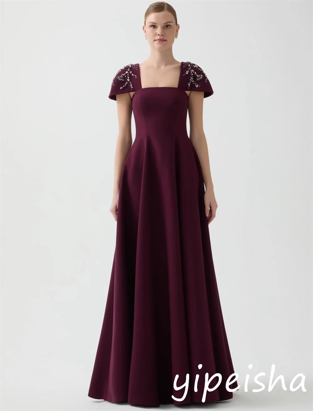 Customized Chinese Style Sequined Pleat A-line Square Neck Long Dresses Bespoke Occasion Pastrol Classic