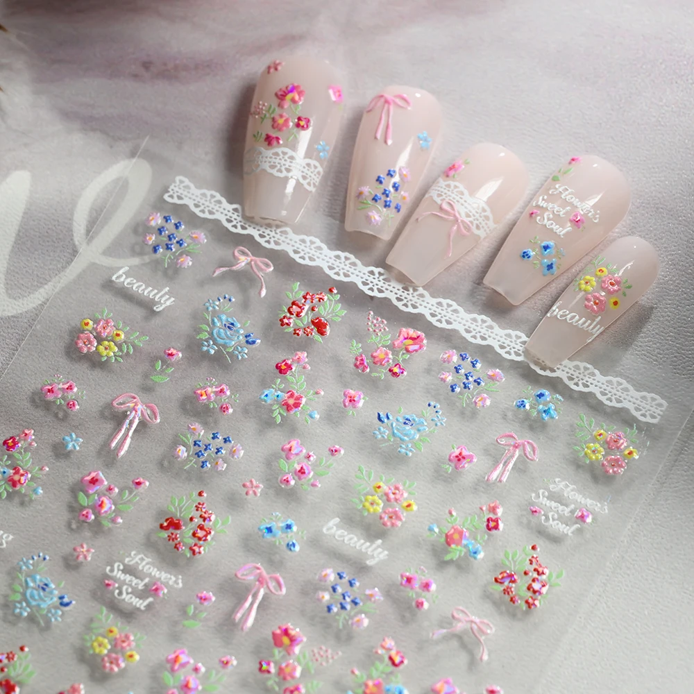 1 Stück 5D Bunter Blumenstrauß Schleife Nagelaufkleber Weiße Spitzenkante Selbstklebende Nagelsticker Frühlings-Blumenband Maniküre-Slider