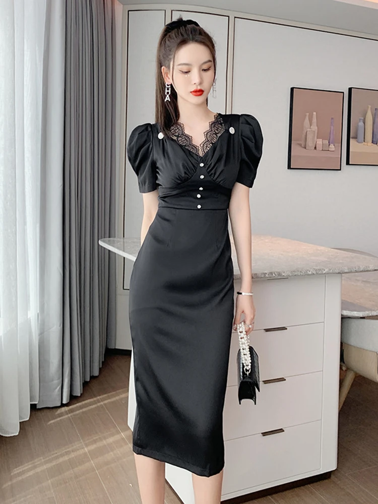 2023 Zomer Midi Vrouwen Jurk Zoete Elegante Zwarte Diamant Blauw Kant Gesplitst Bubble Korte Gewaad Femme Partij Straat Vestidos Mujer