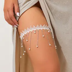 KunJoe Sexy Elegant White Lace Elastic Thigh Leg Chain for Women Vintage Imitation Pearl Tassel Thigh Leggings Y2K Body Jewelry