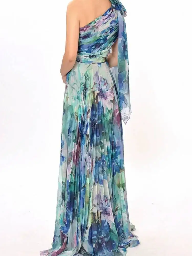Boho Style Floral Print Pleated Maxi Womens Sexy One Shoulder Bowknot Party Summer Backless Hollow Long Dress