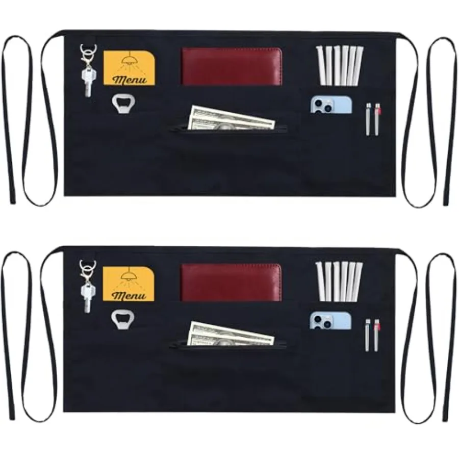 

7 Pockets Server Aprons with Zipper Pocket 2 Pack - Aprons for Women Men - Waiter Waitress Waist Half Apron 24x12