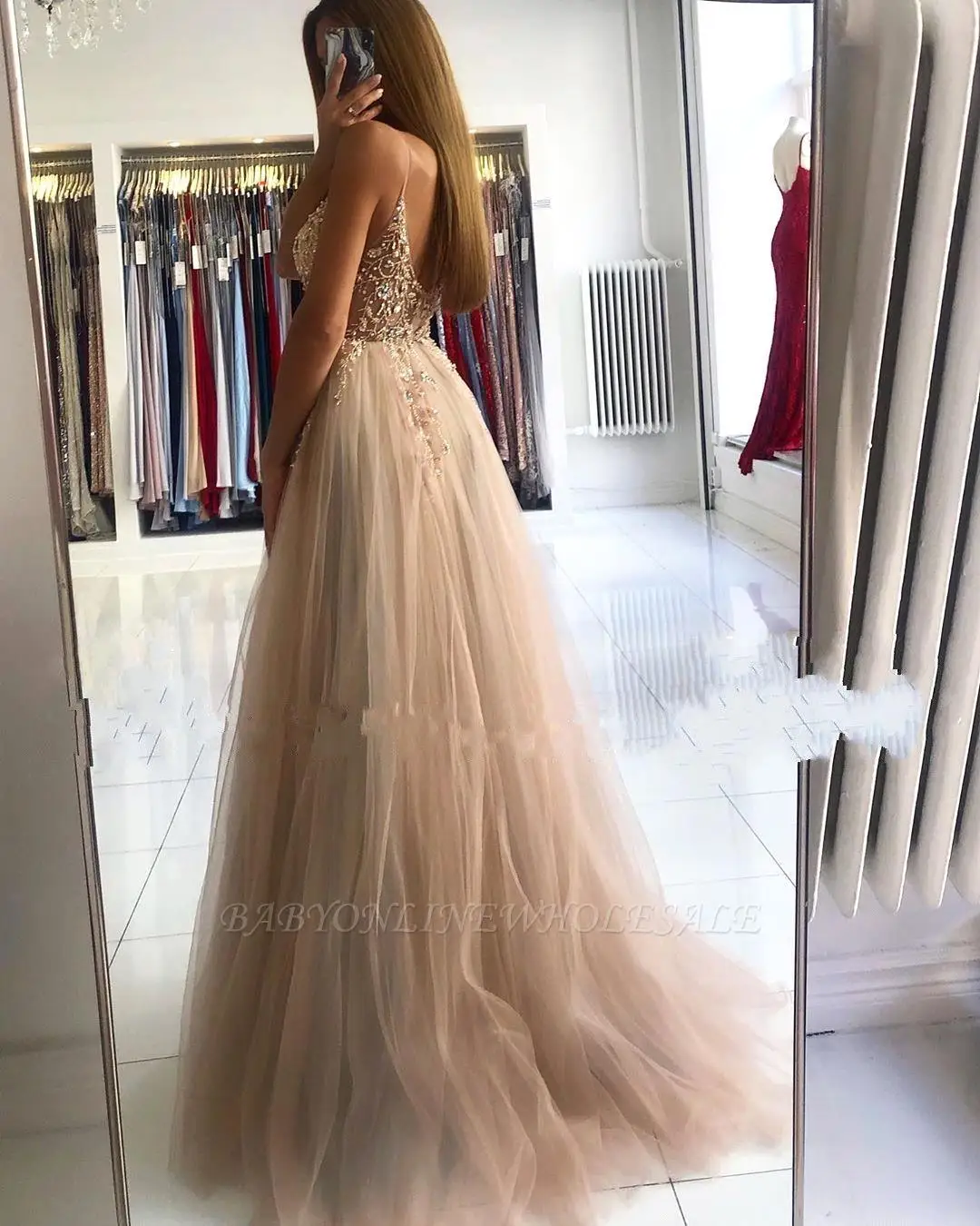 A-Line V-Neck High Slit Floor-Length Dresses For Prom Applique Tulle Zipper Up Sleeveless Halter Hollow Out Formal Occasion Dres