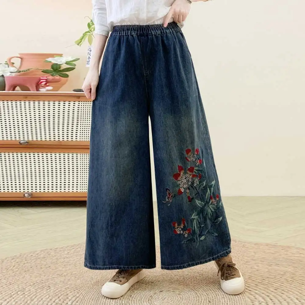 Pantalones vaqueros de pierna ancha con bordado Floral para mujer, Vaqueros rectos holgados informales con cintura elástica, estilo japonés Vintage Mori Girl, otoño