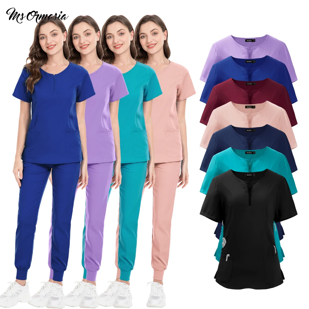 Women Surgical Clothes Scrubs Set Wrinkle-Resistant Clinical Workwear Medical Dentist Uniforms Pockets Top with Pants Soft Suit