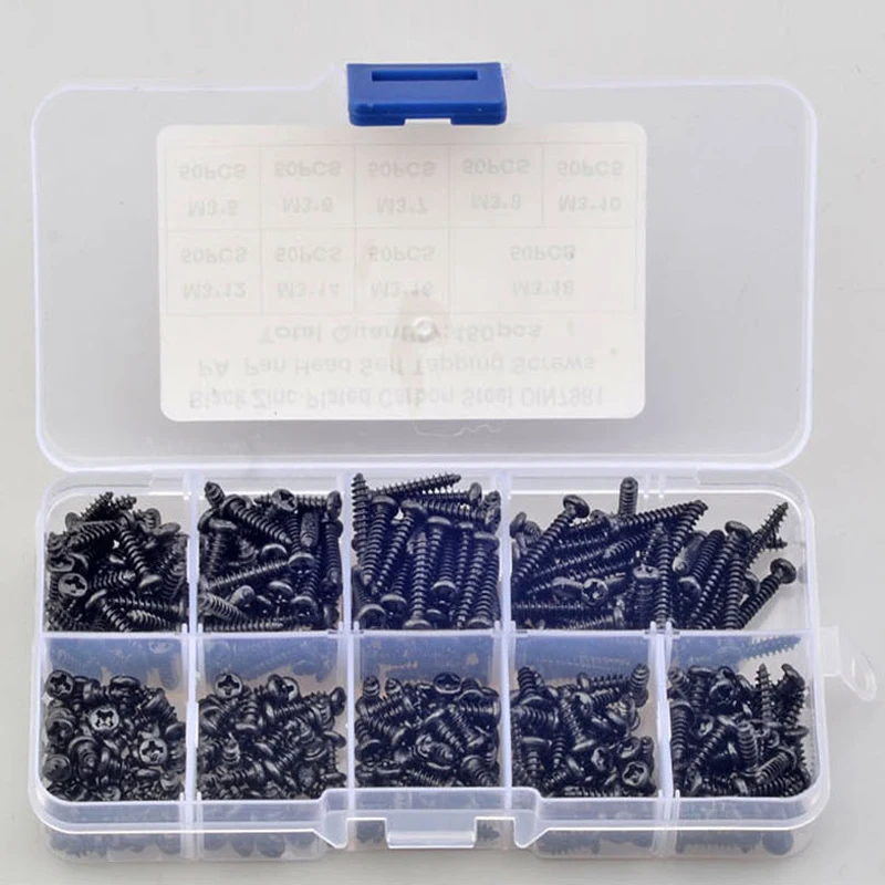 

450/500PCS Black Carbon Steel Cross Pan Head Self-Tapping Screws Set with Storage Box (for Home Appliance/Furniture Repair)