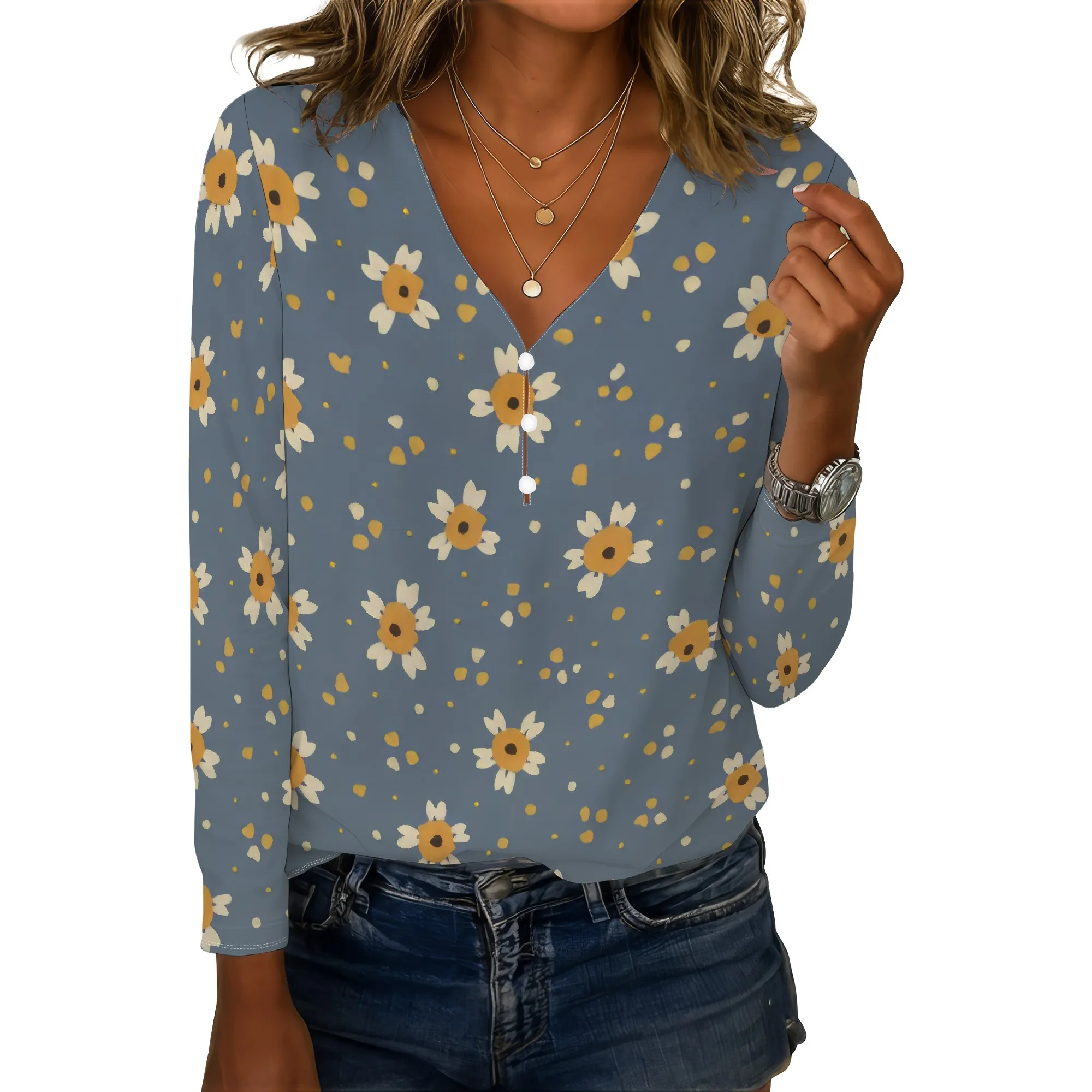 Camicette da donna con stampa floreale Boho per donna Camicetta carina con bottoni casual eleganti Camicie a maniche lunghe con scollo a V Top a tunica