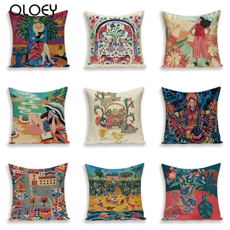 

Oil Painting Pillowcase, Square Linen Soft Pillowcase, Bedroom Pillowcase, Family Hotel Car Decorative Size 45x45cm.